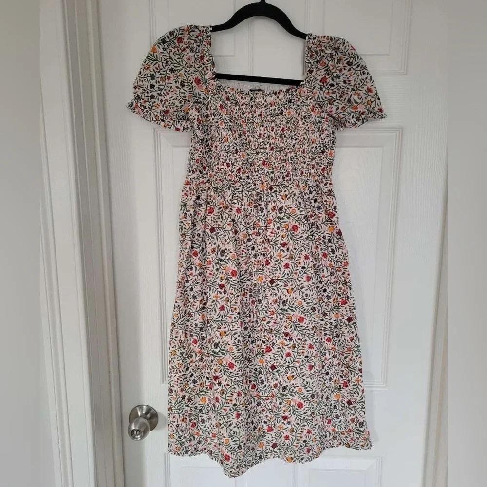 Ann Taylor White Floral Smocked Midi Dress